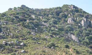 Inmitten des felsigen Hanges kaum zu sehen: Mauerreste und Ruine bei Akyarlar
